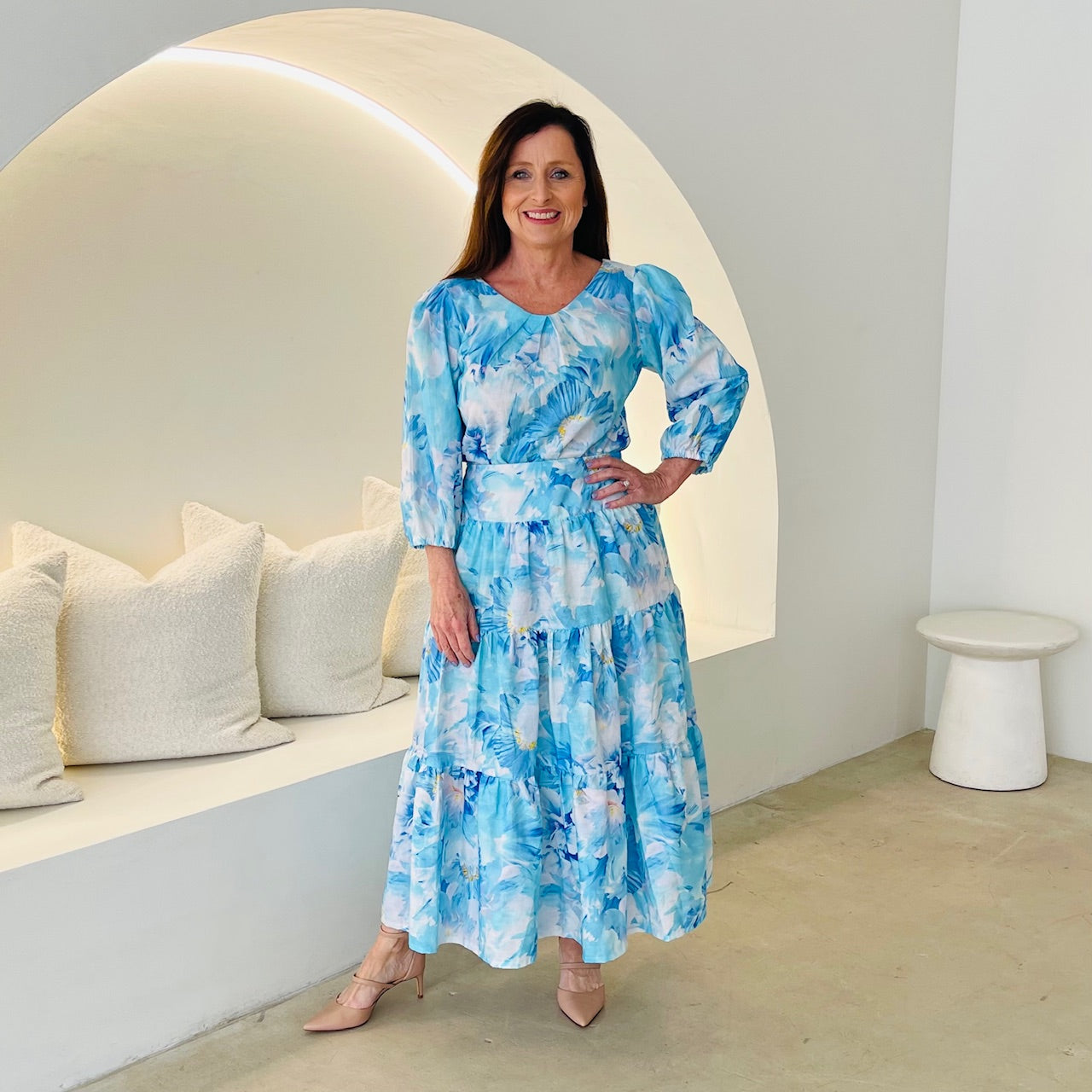 Blue & white floral print, long, gathered linen skirt, with elastic waistband