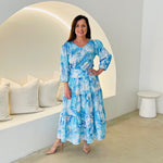 Blue & white floral print, long, gathered linen skirt, with elastic waistband