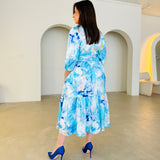 Blue floral print, v-neckline,3/4 gathered sleeve, ankle length dress with sash