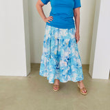 Blue & white floral print, long, gathered linen skirt, with elastic waistband
