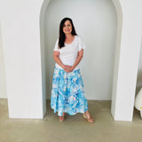 Blue & white floral print, long, gathered linen skirt, with elastic waistband