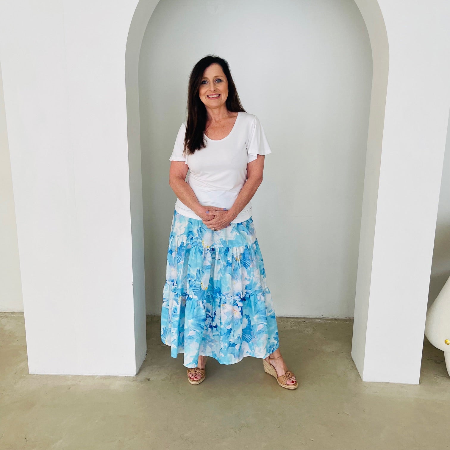 Blue & white floral print, long, gathered linen skirt, with elastic waistband