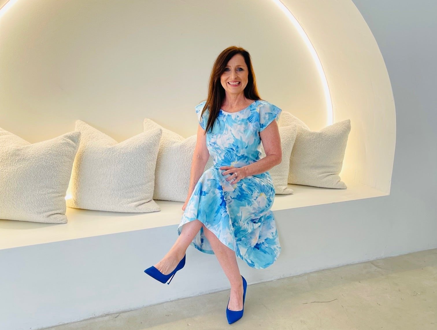 Blue,white,navy floral print, round/boat neckline, capped sleeve, slight a-line skirt,mid length dress.