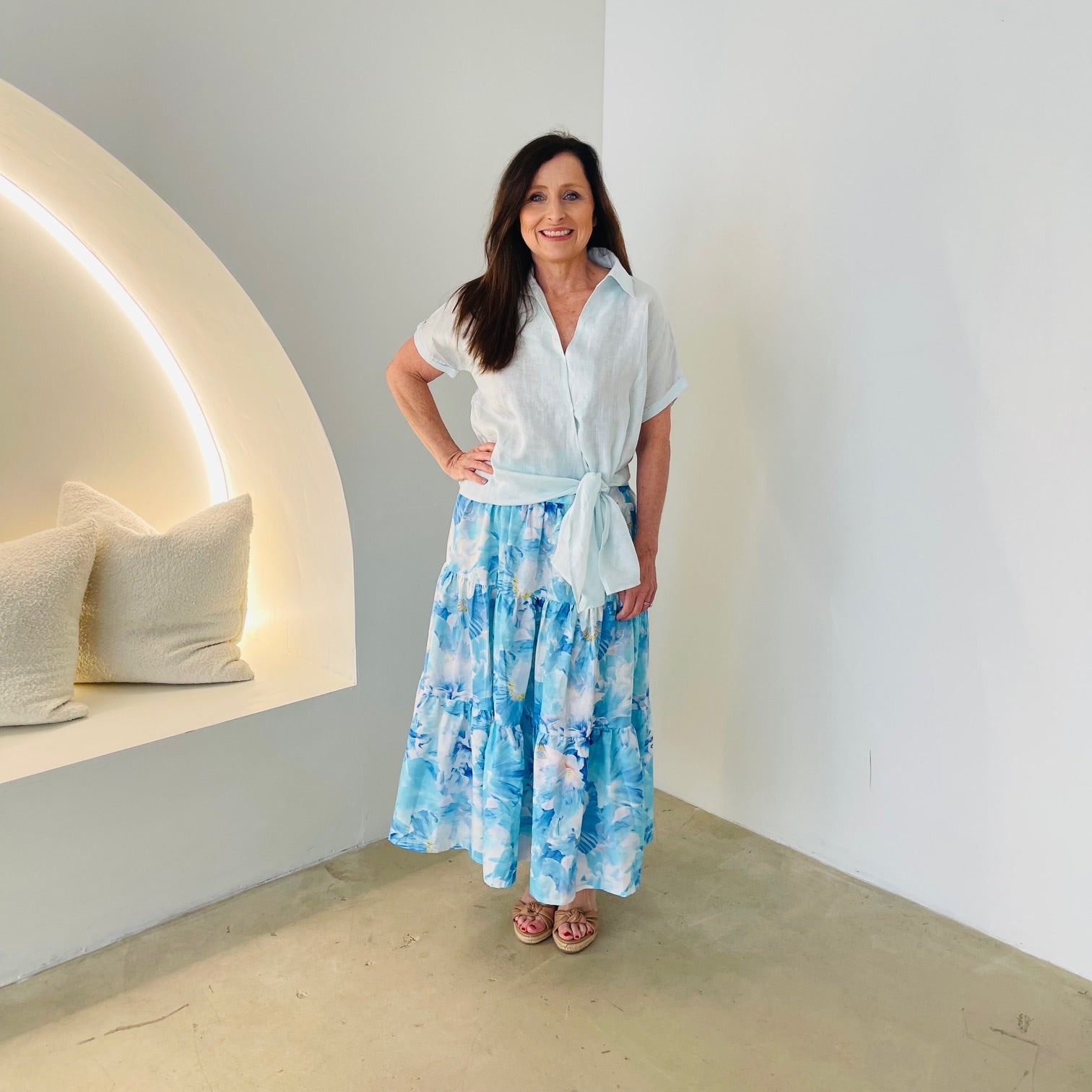 Blue & white floral print, long, gathered linen skirt, with elastic waistband