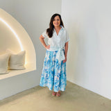 Blue & white floral print, long, gathered linen skirt, with elastic waistband