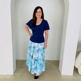 Blue & white floral print, long, gathered linen skirt, with elastic waistband