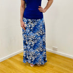 Blue bubble print - whites soft and bold blues and black in a discreet and unique pattern along Aline Skirt white stretch waistband True Reflections Clothing