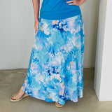 Long, maxi length, blue floral skirt with stretch elastic waistband,with turquiose blue, cowl neckline,short sleeve top.
