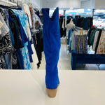 Electric blue colour, man made suede, knee high, side zipper opening, 6cm heel height, women's cowboy boots.