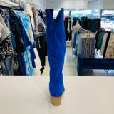 Electric blue colour, man made suede, knee high, side zipper opening, 6cm heel height, women's cowboy boots.