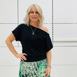 Relaxed fit, black ff the shoulder top with waist shape band.