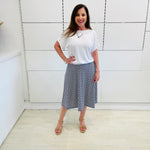Mosaic blue, midi length, stretch, a-line skirt,with white bamboo, short sleeve, scoop neckline, relaxed fit Gracie top.