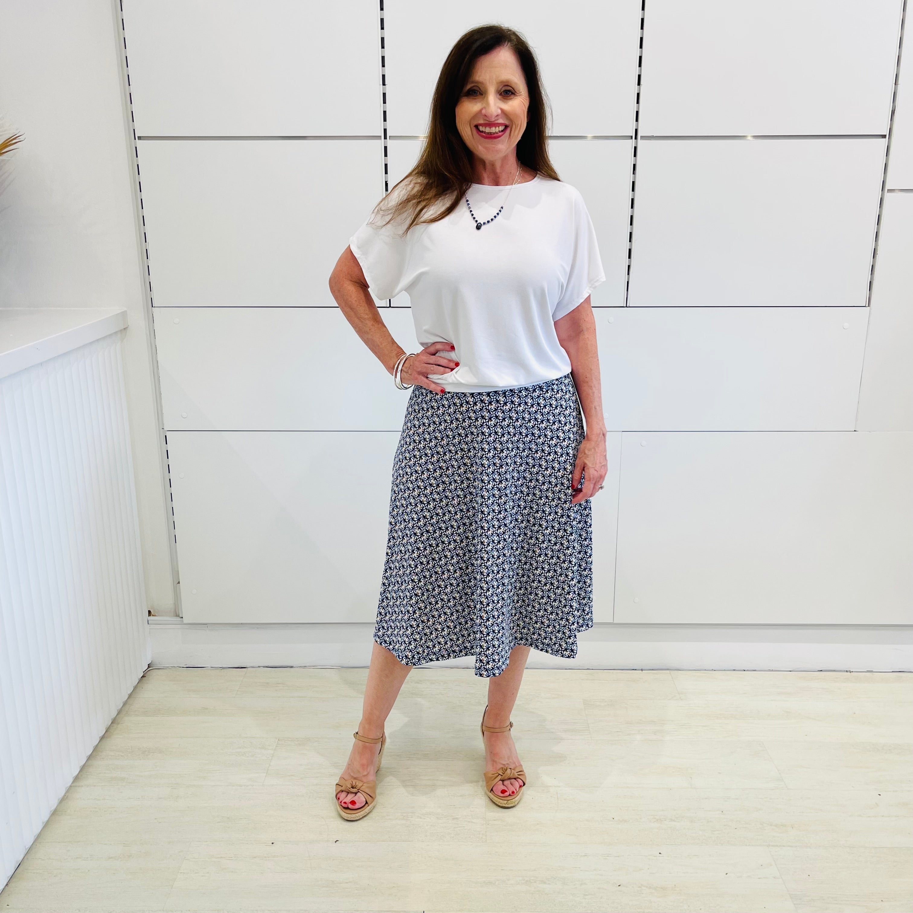 Mosaic blue, midi length, stretch, a-line skirt,with white bamboo, short sleeve, scoop neckline, relaxed fit Gracie top.