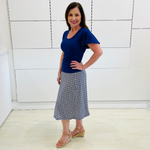 Blue midi length, stretch, a-line skirt, with blue, wave,short sleeve, scoop neckline, fitted top