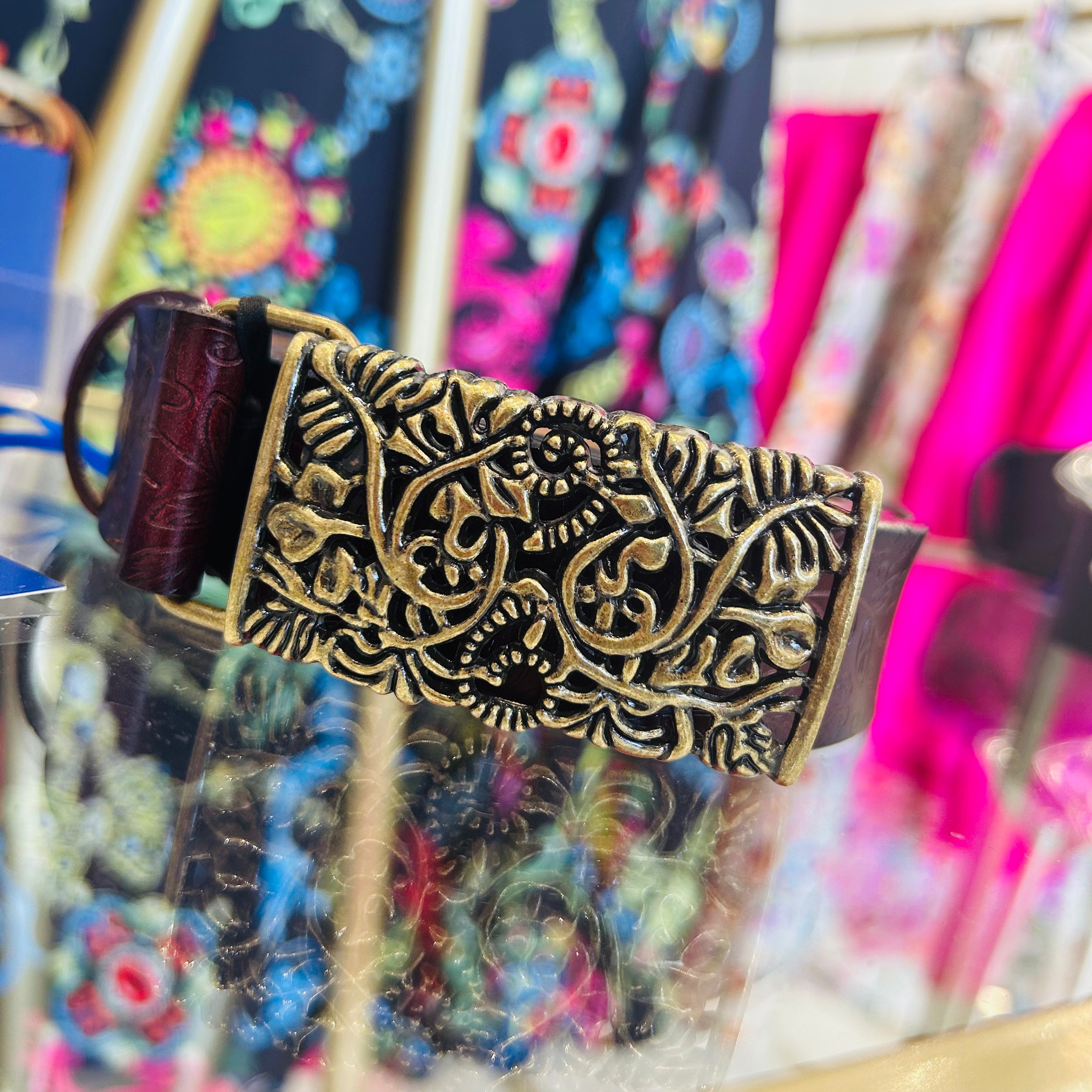 Coffee Floral Print Antiqued Buckle Belt