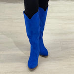 Electric blue colour, man made suede, knee high, side zipper opening, 6cm heel height, women's cowboy boots.