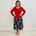 Red cowl neckline, long sleeve, bamboo top,With blue, red leave print, midi length, a line, stretch skirt.