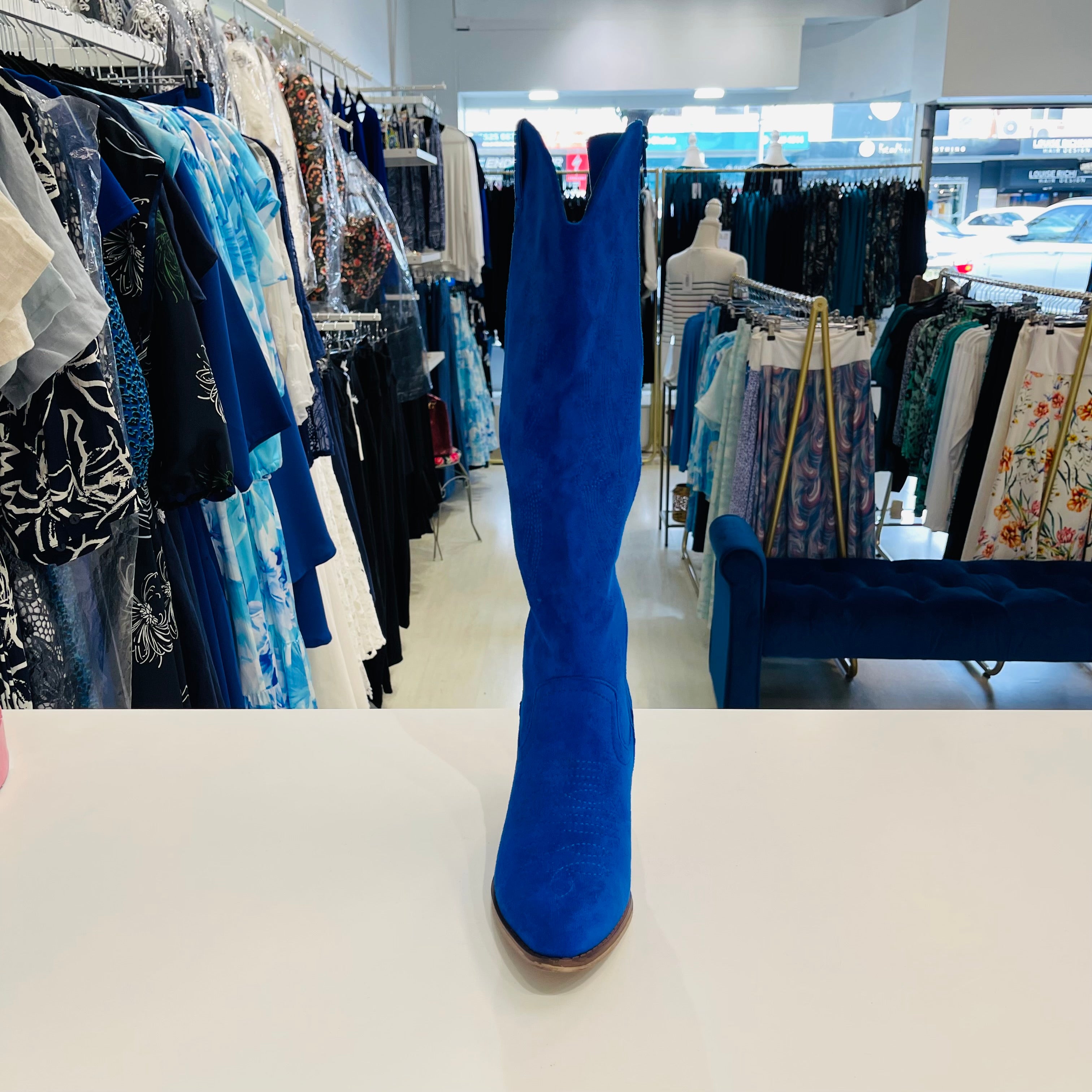 Electric blue colour, man made suede, knee high, side zipper opening, 6cm heel height, women's cowboy boots.