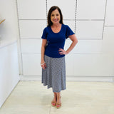 Blue midi length, stretch, a-line skirt, with blue, wave,short sleeve, scoop neckline, fitted top