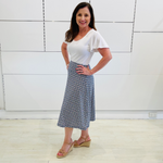 Mosaic blue, midi length, stretch, a-line skirt,with white bamboo, short sleeve, wave sleeve, scoop neckline, fitted top.