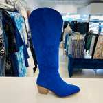 Electric blue colour, man made suede, knee high, side zipper opening, 6cm heel height, women's cowboy boots.