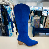 Electric blue colour, man made suede, knee high, side zipper opening, 6cm heel height, women's cowboy boots.