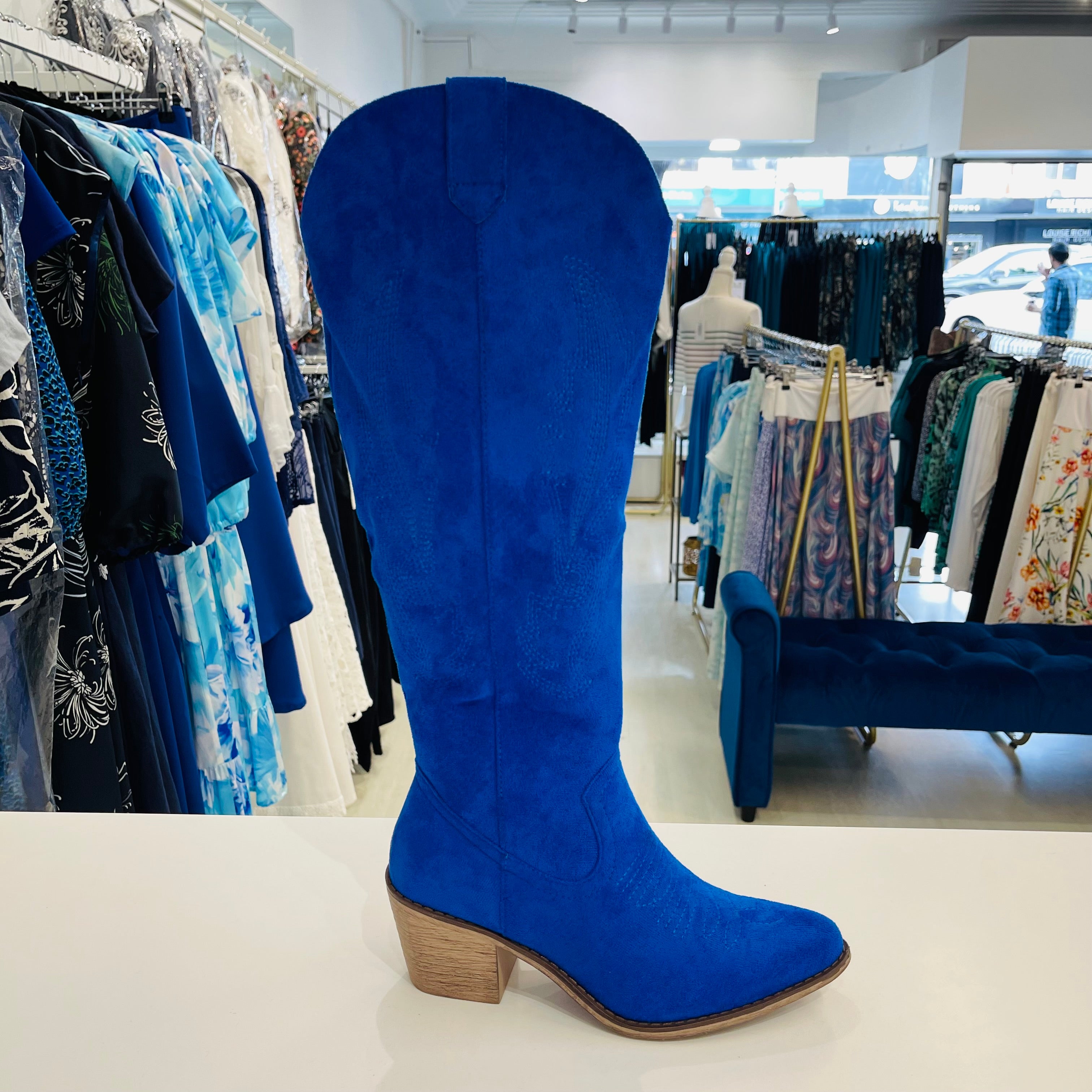 Electric blue colour, man made suede, knee high, side zipper opening, 6cm heel height, women's cowboy boots.