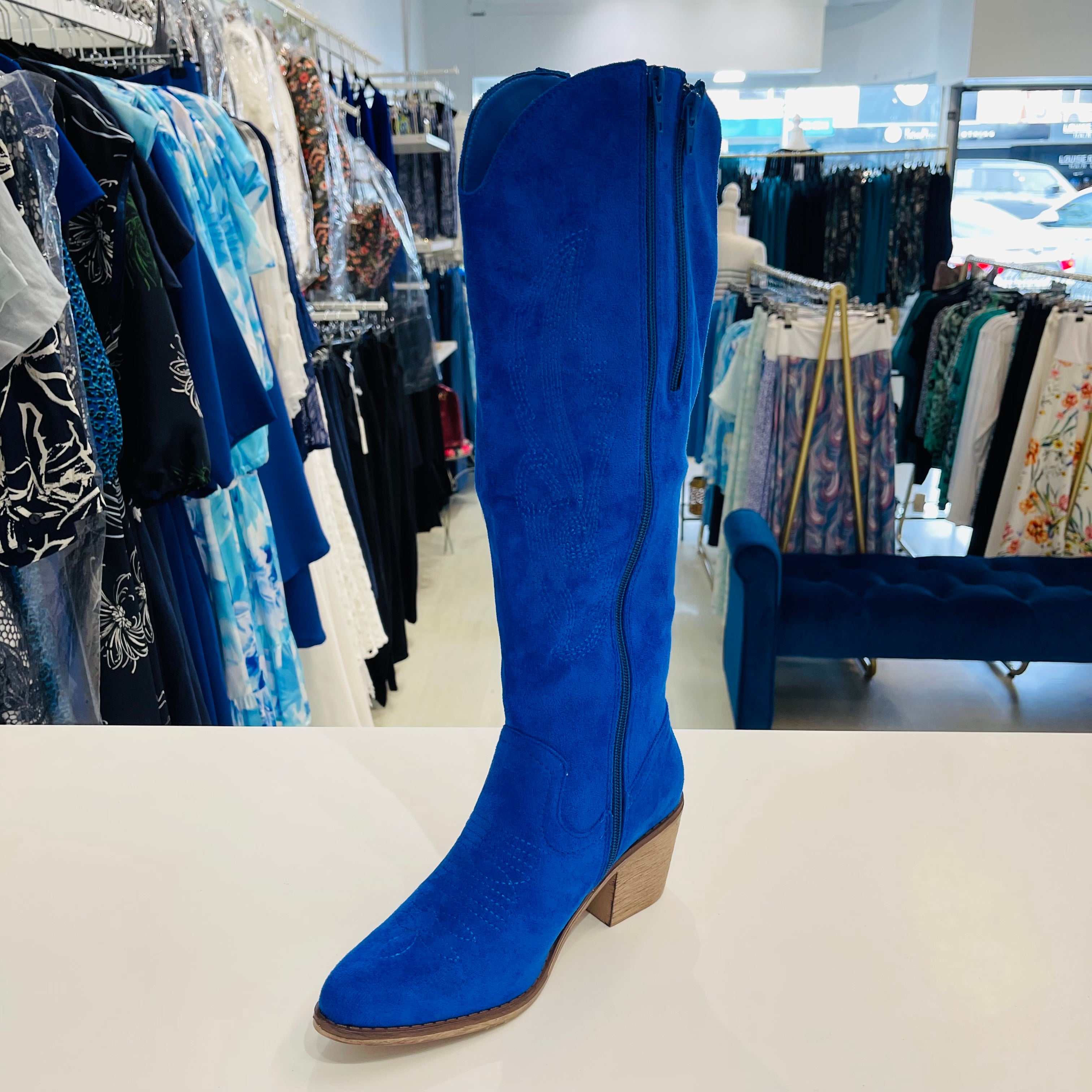 Electric blue colour, man made suede, knee high, side zipper opening, 6cm heel height, women's cowboy boots.