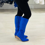 Electric blue colour, man made suede, knee high, side zipper opening, 6cm heel height, women's cowboy boots.