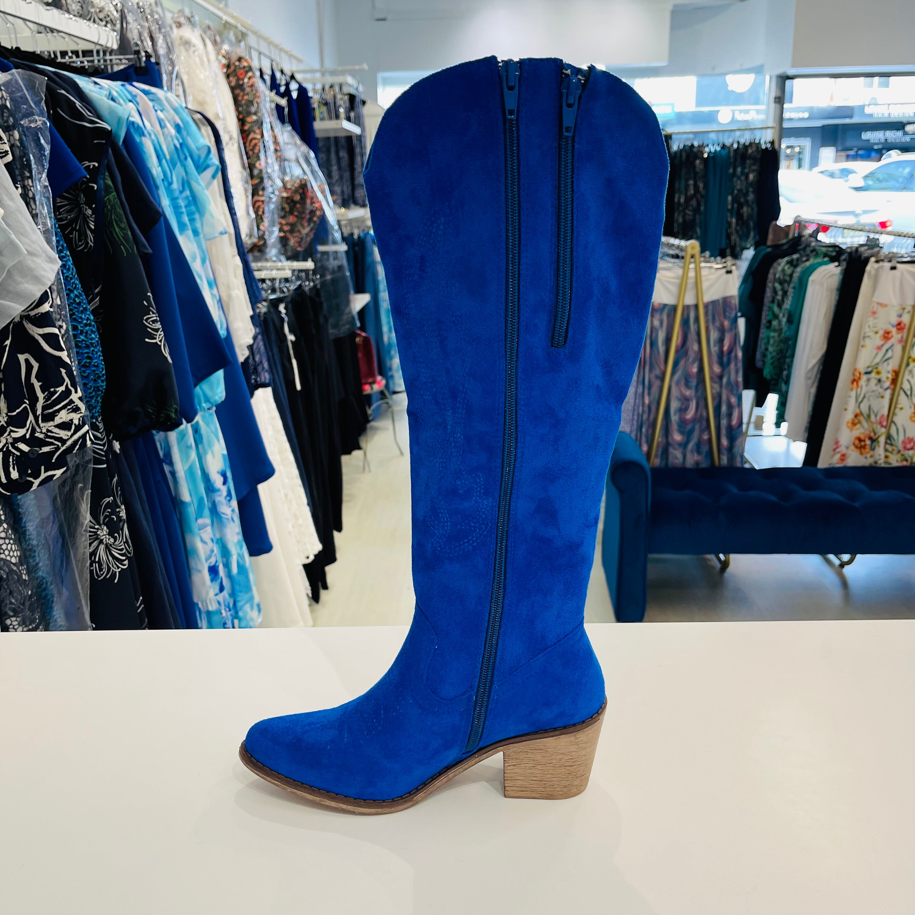 Electric blue colour, man made suede, knee high, side zipper opening, 6cm heel height, women's cowboy boots.