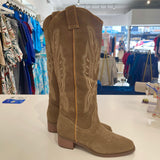 Tan Beige leather suede soft cowboy style boots, with embroidered front and back, pull on style, with rounded toes.