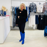 Electric blue colour, man made suede, knee high, side zipper opening, 6cm heel height, women's cowboy boots.
