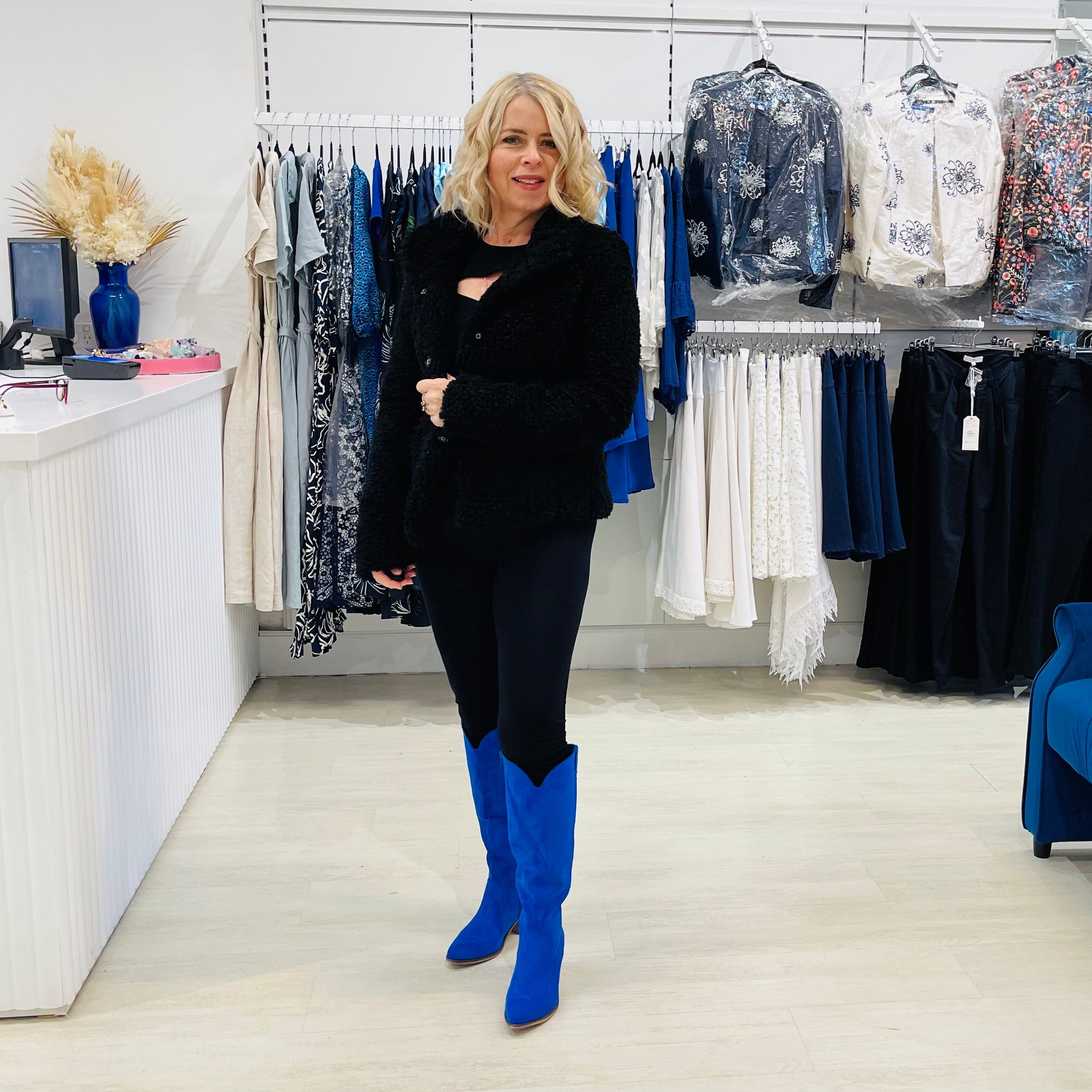 Electric blue colour, man made suede, knee high, side zipper opening, 6cm heel height, women's cowboy boots.
