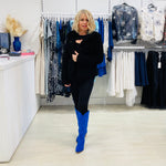 Electric blue colour, man made suede, knee high, side zipper opening, 6cm heel height, women's cowboy boots.