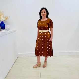 Brown Dress Cream Polka Dots Midi Length Aline Skirt short sleeves  Round neck True Reflections Clothing by Just Audrey Gymea