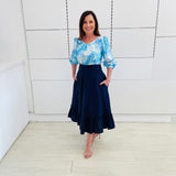 Navy Linen Ruffled Hemline Skirt