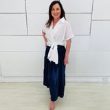 Navy Linen Tiered 7/8s length Skirt. White Linen shirt with short sleeves and side tie detail.