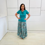 Emerald Green bamboo, cowl neckline, short sleeve top, with long maxi skirt.