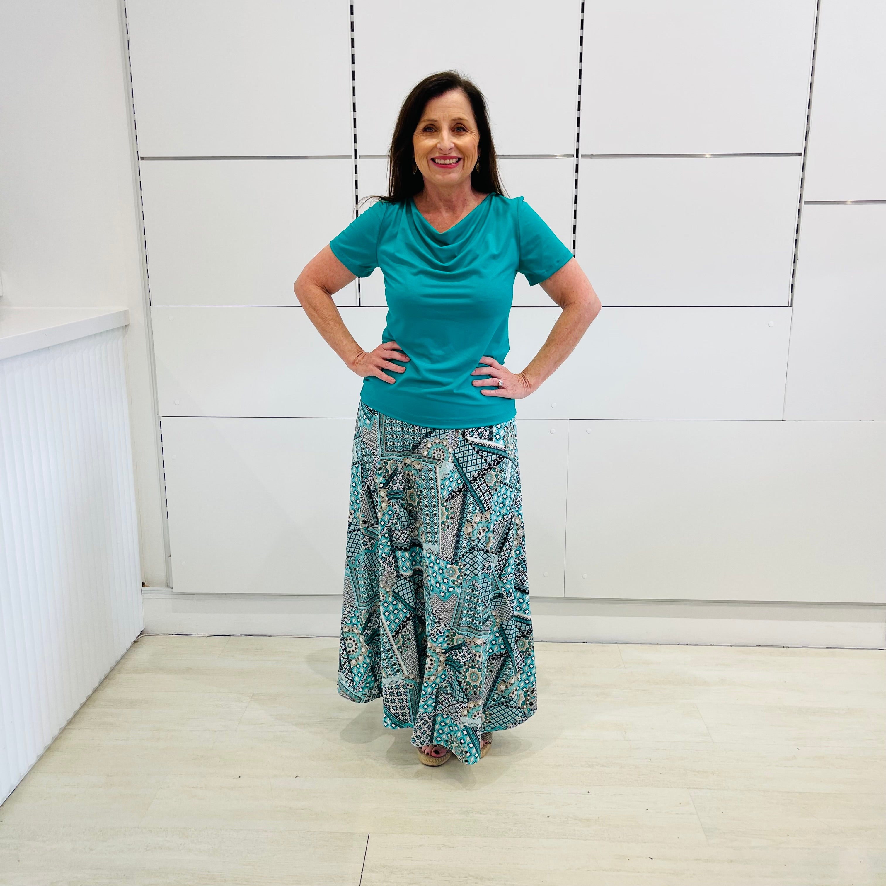 Emerald Green bamboo, cowl neckline, short sleeve top, with long maxi skirt.