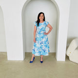 Blue,white,navy floral print, round/boat neckline, capped sleeve, slight a-line skirt,mid length dress.