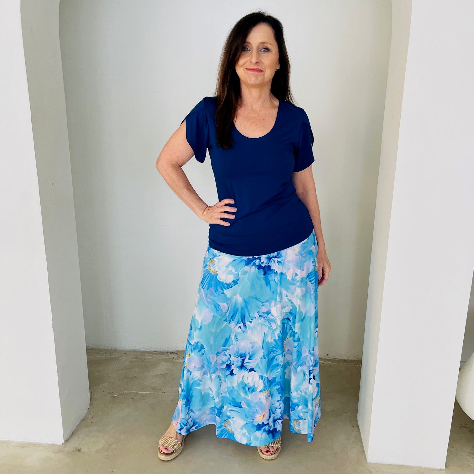 Navy bamboo, round neckline,short sleeve top. With long floral maxi skirt.