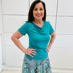 Emerald Green bamboo, cowl neckline, short sleeve top, with long maxi skirt.