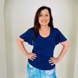 Navy blue bamboo, short sleeve, round neckline, women's top. 