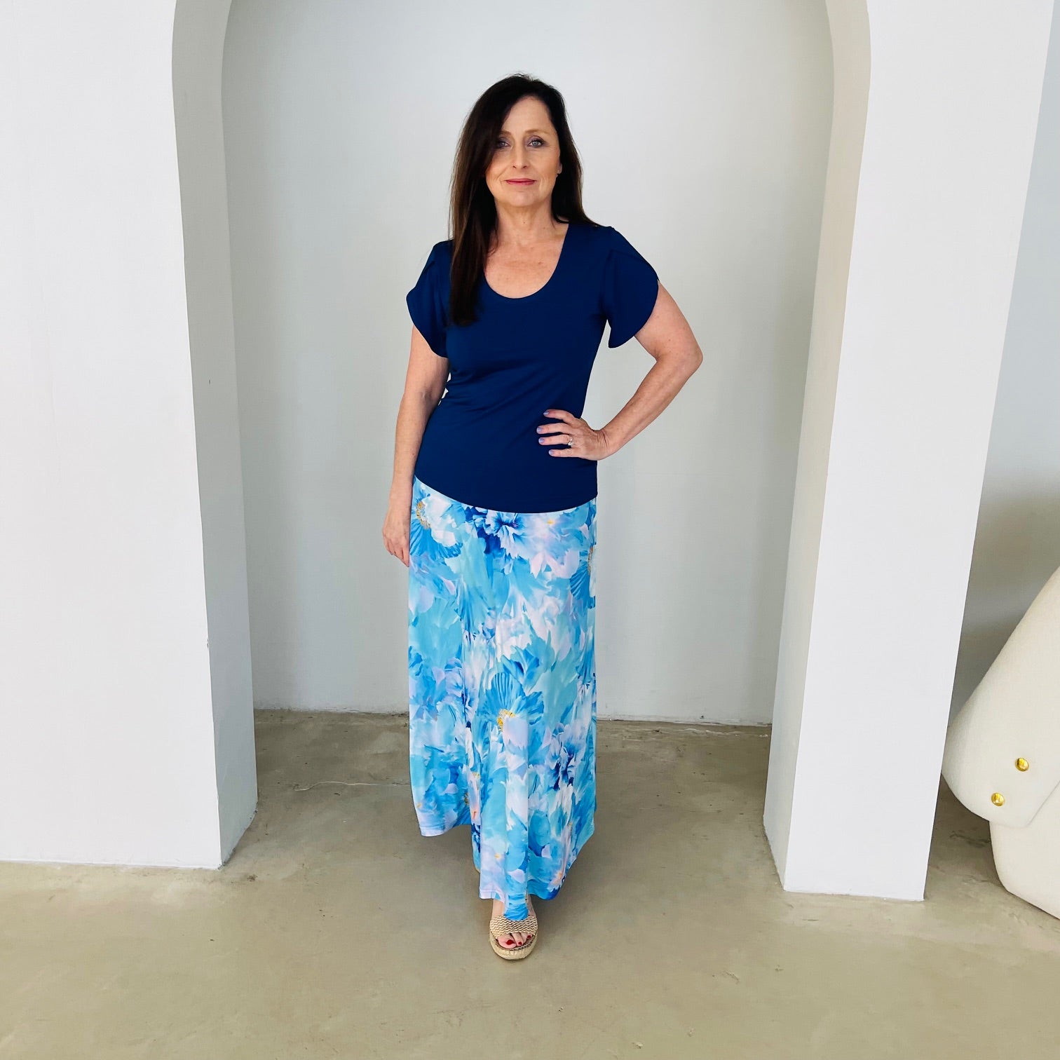 Navy bamboo, round neckline,short sleeve top. With long floral maxi skirt.