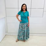 Emerald Green bamboo, cowl neckline, short sleeve top, with long maxi skirt.