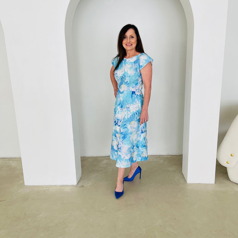 Blue,white,navy floral print, round/boat neckline, capped sleeve, slight a-line skirt,mid length dress.