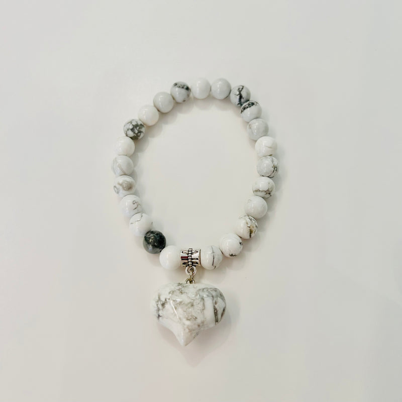 Malachite and White Jasper Beaded Bracelets - Love Heart Charm