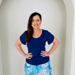 Navy bamboo, round neckline,short sleeve top. With long floral maxi skirt.