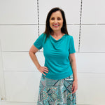 Emerald Green bamboo, cowl neckline, short sleeve top, with long maxi skirt.