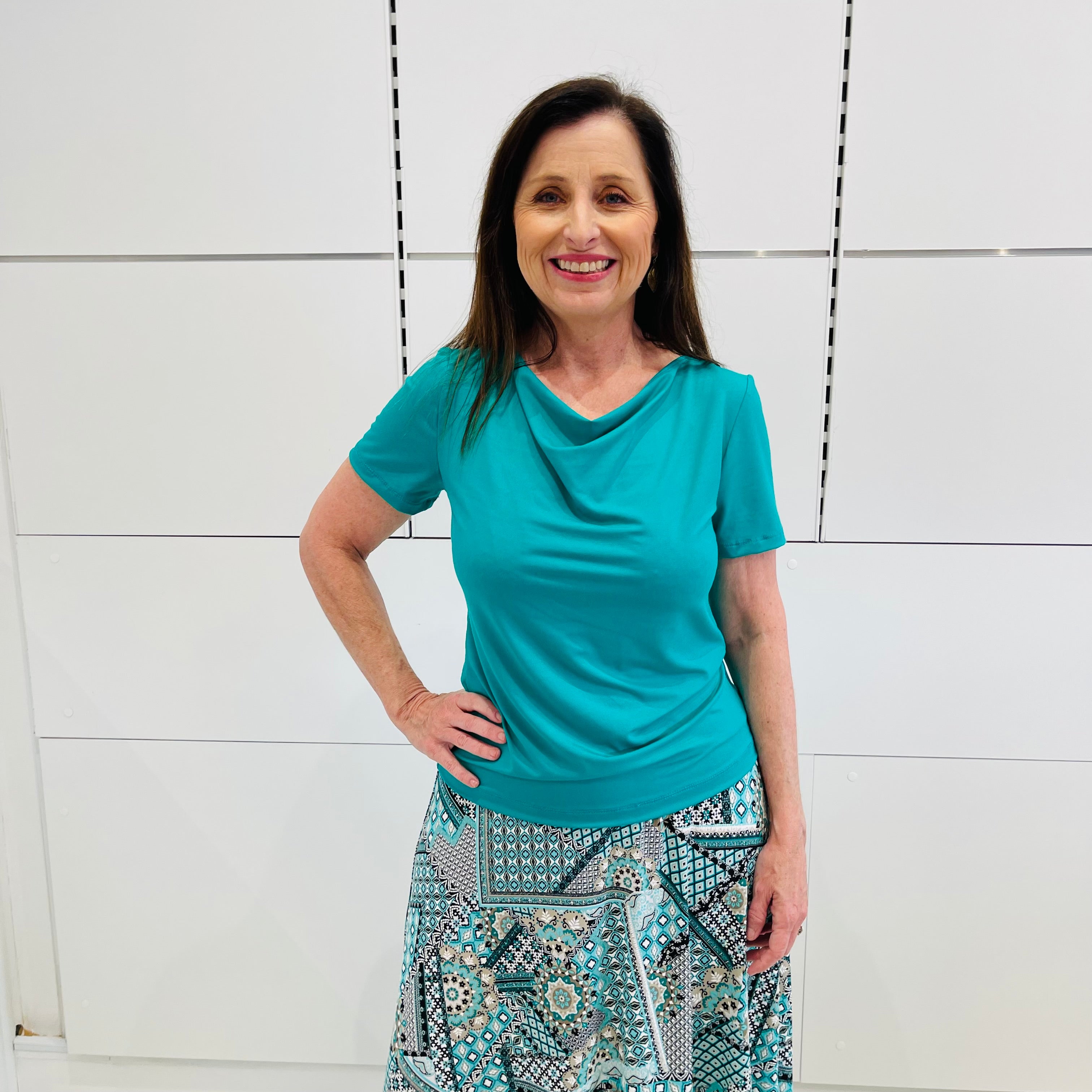 Emerald Green bamboo, cowl neckline, short sleeve top, with long maxi skirt.